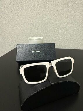 Prada White Square Sunglasses with Black Lenses and Logo Case